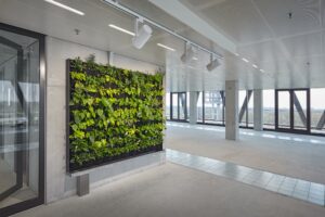 Lichte, moderne kantoorruimte aan de Joan Muyskenweg met een groene plantenwand tegen een betonnen muur.